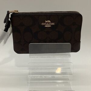 2144.  Coach Double Zip Wallet/Wristlet Brown/Black/Gold  Signature Leather NWT
